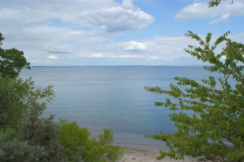 Looking down at the beach and ocean