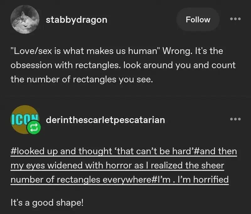 A social media post by stabbydragon: “Love/sex is what makes us human” Wrong. It’s the obsession with rectangles. look around you and count the number of rectangles you see. A reply by derinthescarletpescatarian: #looked up and thought ’that can’t be hard’#and then  my eyes widened with horror as I realized the sheer number of rectangles everywhere#I’m . I’m horrified It’s a good shape! 