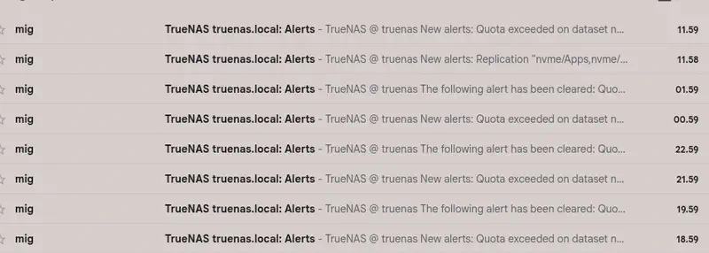 A bunch of truenas emails of storage quota alerts being set and cleared repeatedly.